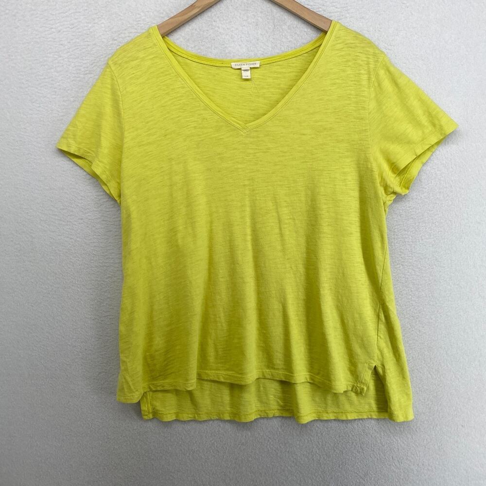 EILEEN FISHER Top L Slub Organic Cotton Jersey V-Neck Short Sleeve Yellow
